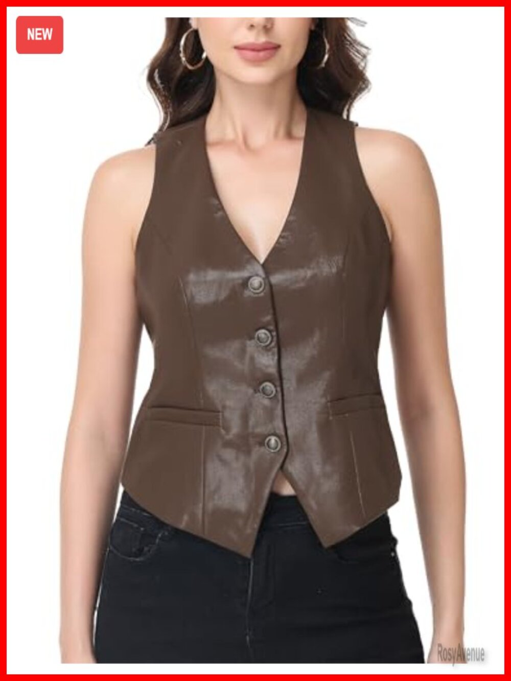 Faux Leather Vest Top V Neck Button Front Sleeveless Waistcoat